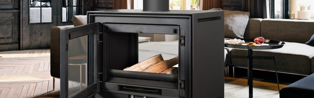poêle à bois FONDIS MODBOX double-face sur socle à bois